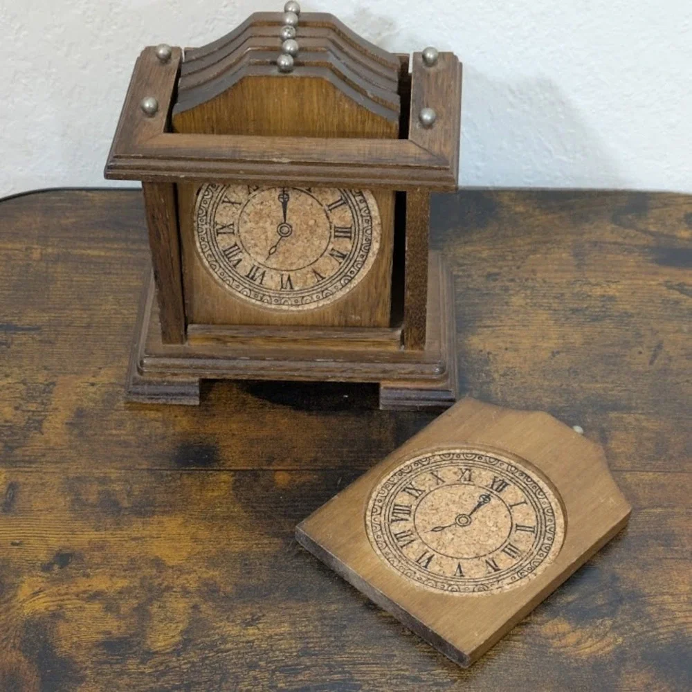 Vintage 1975 Enesco Wooden Clock Coaster Set‎ Of 6 Retro Decor Wood Cork